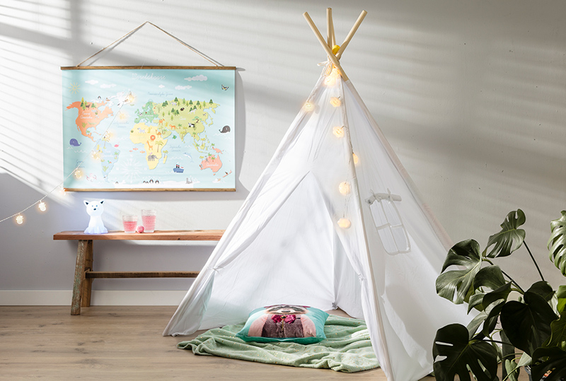 Deze Tipi voor de kids zorgt voor een Bohemian stijl in de woonkamer óf in de tuin