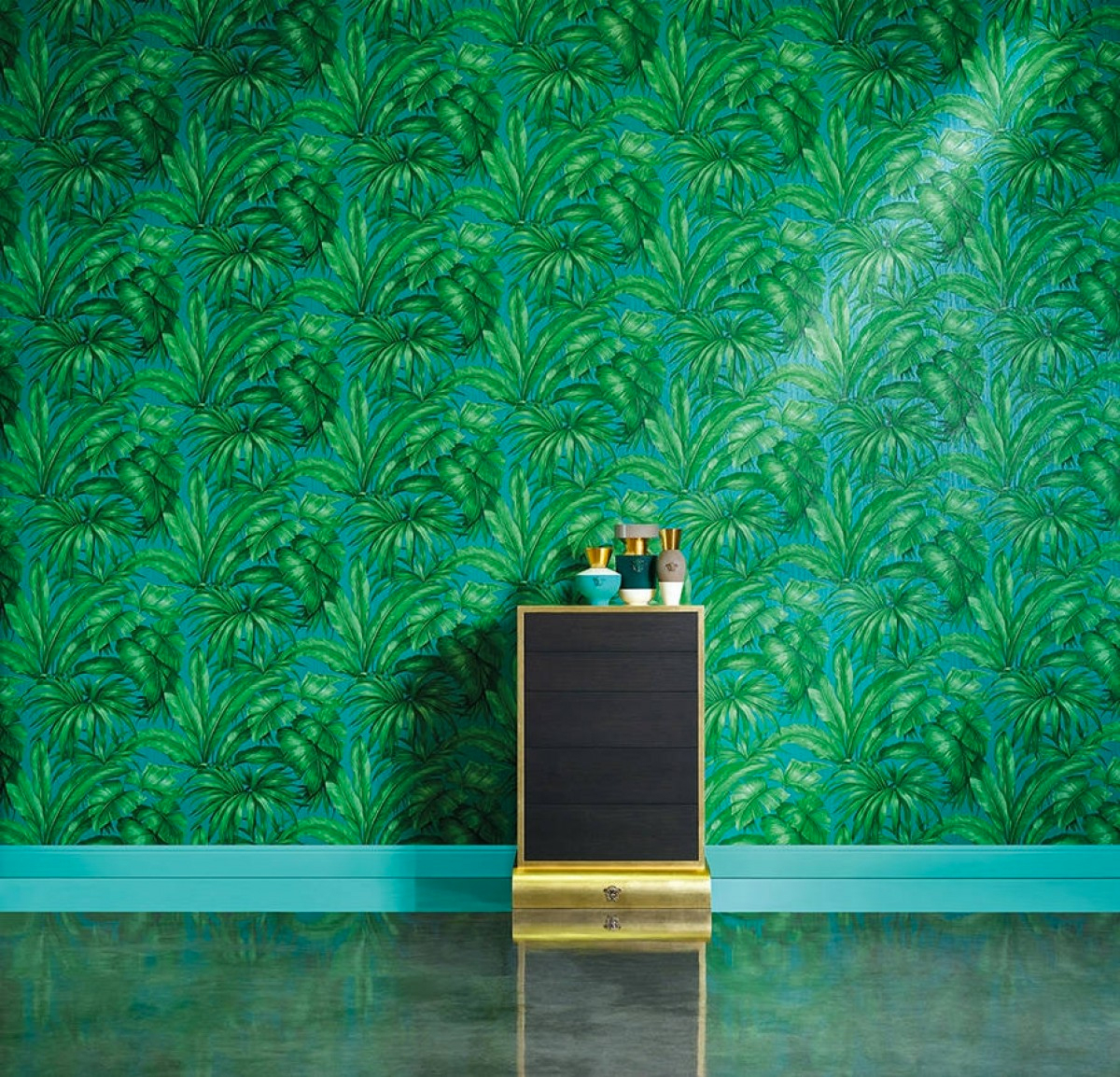 Wow! Blauw-groen botanical behang met een chique touch.