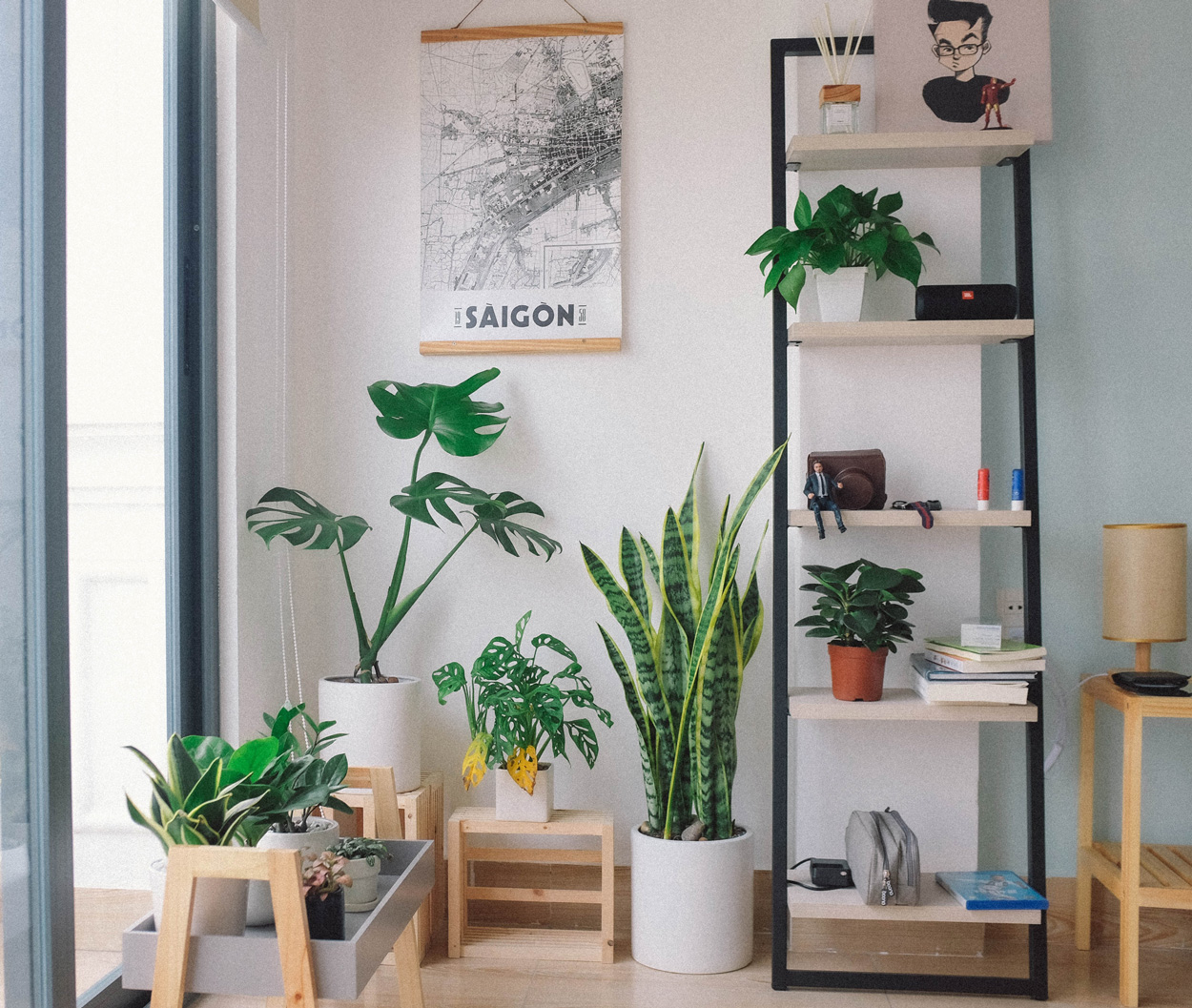 Gedecoreerd hoekje in de woonkamer met meerdere kamerplanten.