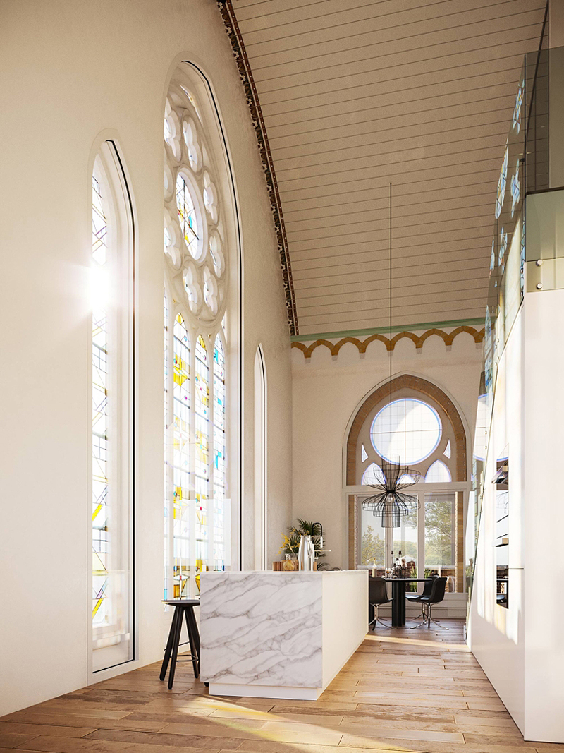 De Sint-Josephkerk is zoveel mogelijk intact gebleven, zoals de kleurrijke, grote glas-in-lood ramen en houten gewelven. 