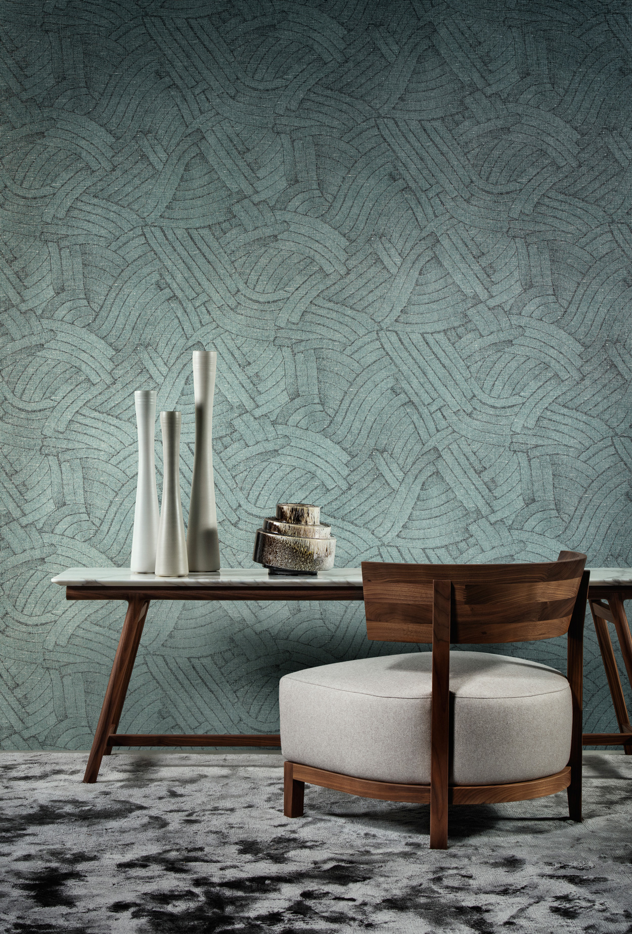 Laduree groen-blauw behang 'Wind' uit de collectie Essentials Modulaire.