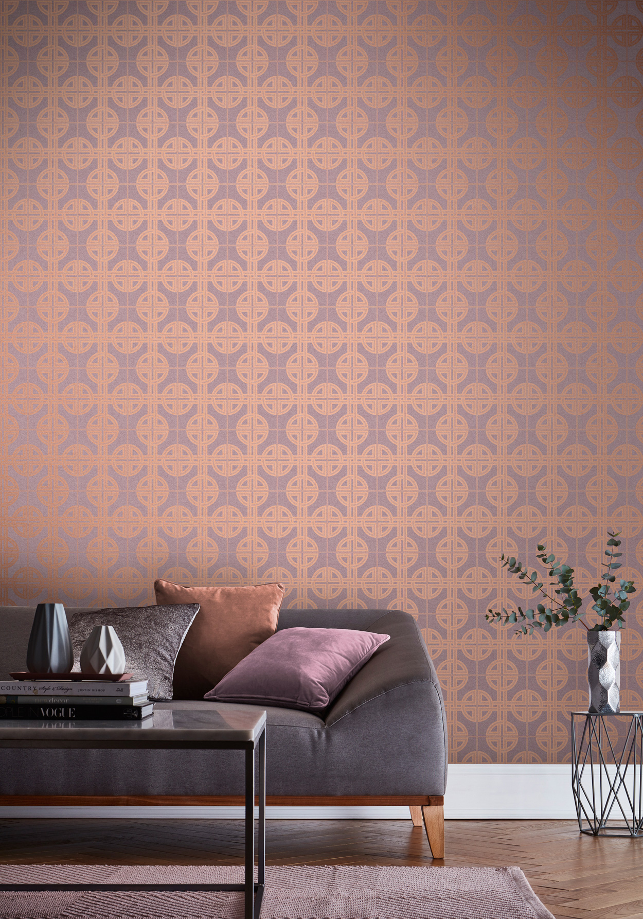 Asian Lattice Blush: Mooi koperkleurig patroon met een lila kleur. Dit oosters behang heeft een moderne serene Oosterse uitstraling.