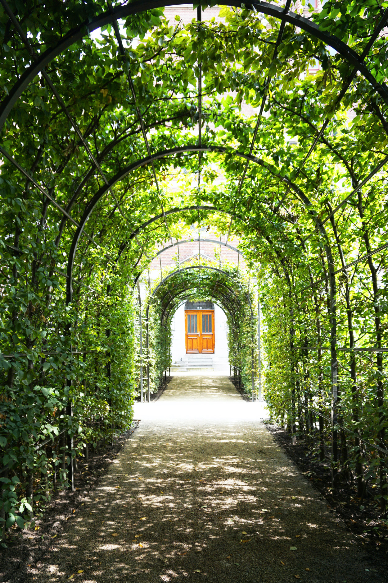 Boogpergola's bieden schaduw boven een pad.